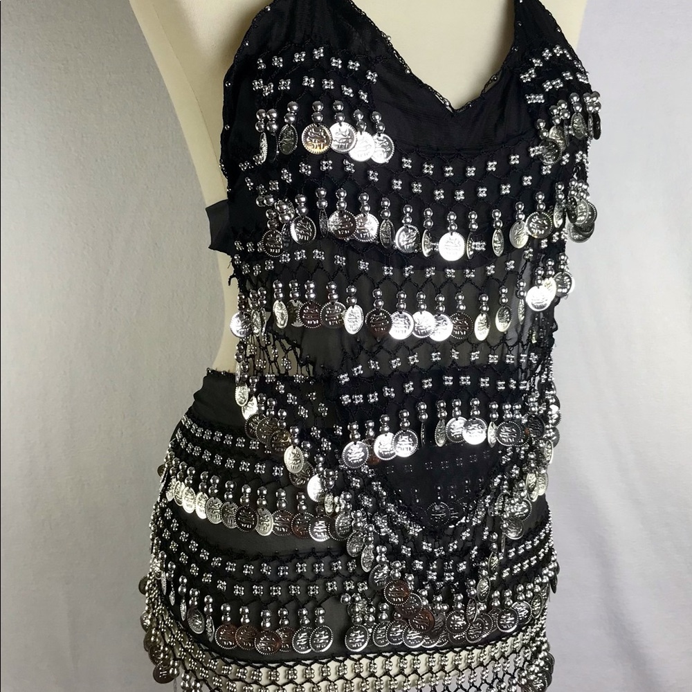 Belly Dancer Coin Top Black Hip Scarf Costume set